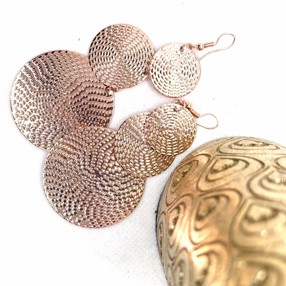 Rose Gold Textured Triple Disc Drop Earrings for Women - Picture 6 of 6